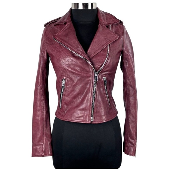 ALL SAINTS HADI CHERRY TUSCAN RED ZIP UP BUFFALO LEATHER BIKER MOTO JACKET - Picture 4 of 16